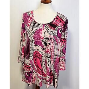 Susan Graver Pink Paisley Popover Blouse with Flare Sleeves - Women's Size M